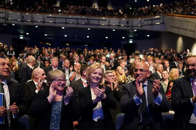 Thérèse Coffey, Liz Truss and Nadhim Zahawi applaud Kwasi Kwarteng