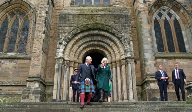 King Charles III and the Queen Consort leave Dunfermline Abbey