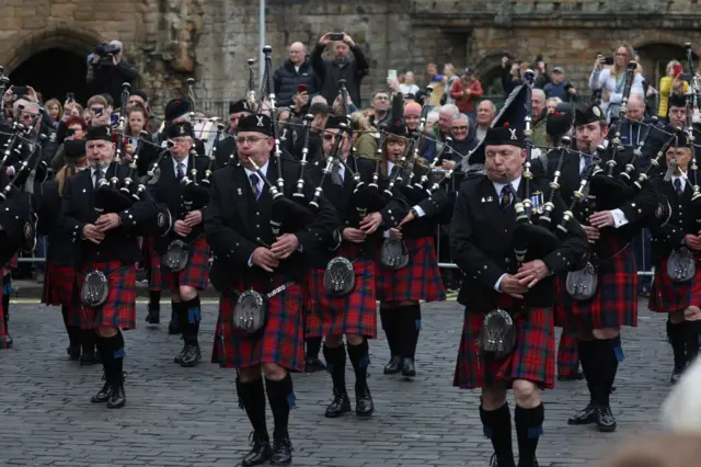 A band performs on the day King Charles and Queen Camilla attend an official ceremony to mark Dunfermline as a city