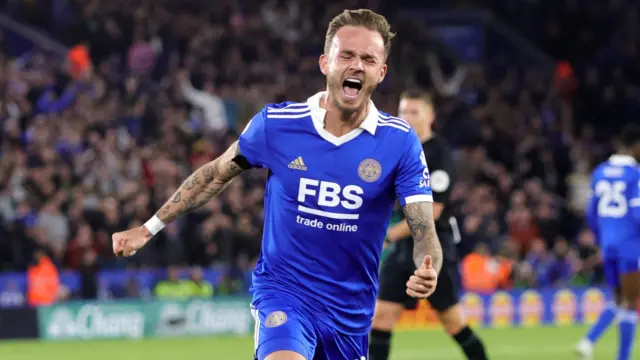 James Maddison celebrating one of his goals against Nottingham Forest