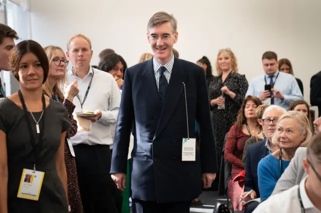 Jacob Rees-Mogg attends a fringe meeting hosted by the Daily Telegraph during the Conservative Party annual conference in Birmingham, 3 October 2022