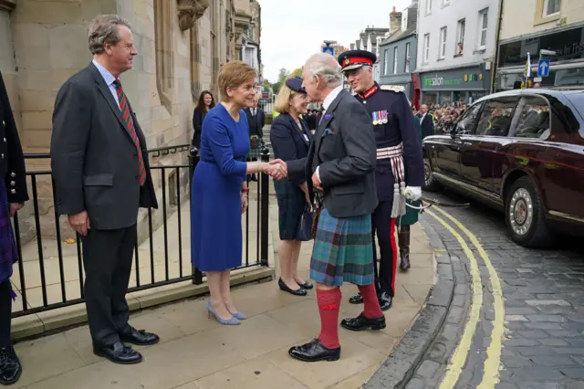 First Minister Nicola Sturgeon and Scottish Secretary Alister Jack met the King outside Dunfermline City Chambers