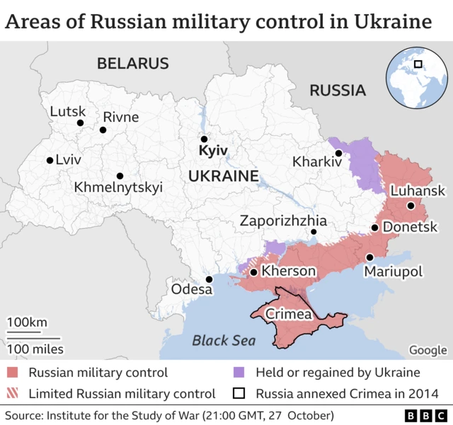 Map showing areas of Russian control in Ukraine