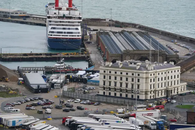 A general view of the docks and the migrant processing centre in Dover, Kent