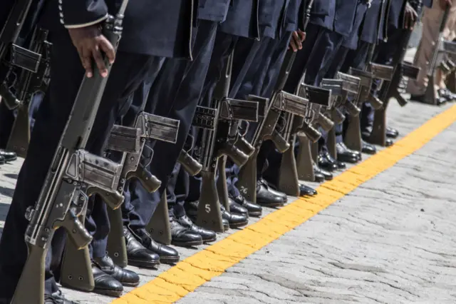 Police officers stand in rank during a parade.