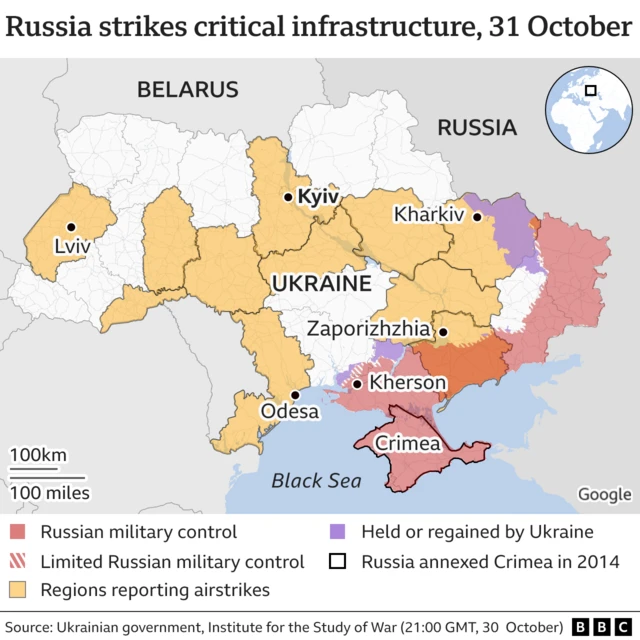 Map showing locations of airstrikes across Ukraine on 31 October