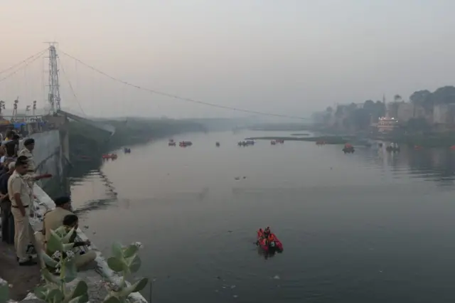 The collapsed bridge seen over Machchhu river