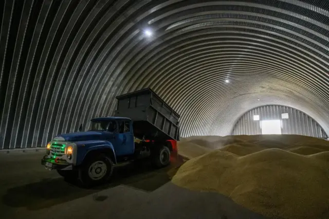 An employee unloads wheat inside a storage facility in the village of Zghurivka