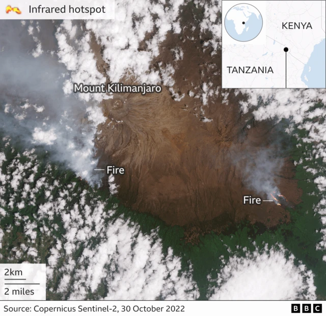 Satellite imagery showing fires on Mount Kilimanjaro