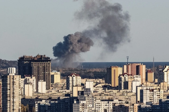 Smoke rises on the outskirts of the city during a Russian missile attack, as Russia's invasion of Ukraine continues, in Kyiv, Ukraine October 31, 2022