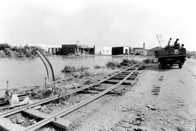 A railway track damaged in Morbi after a dam on the Macchhu river burst in August 1979