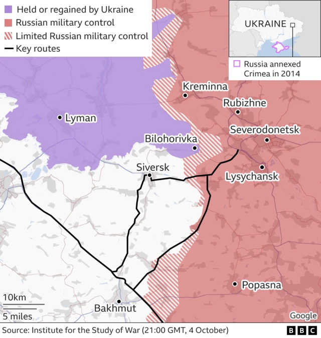 Map showing Russian control in eastern Ukraine