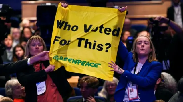 Greenpeace protesters holding a sign saying "who voted for this?"