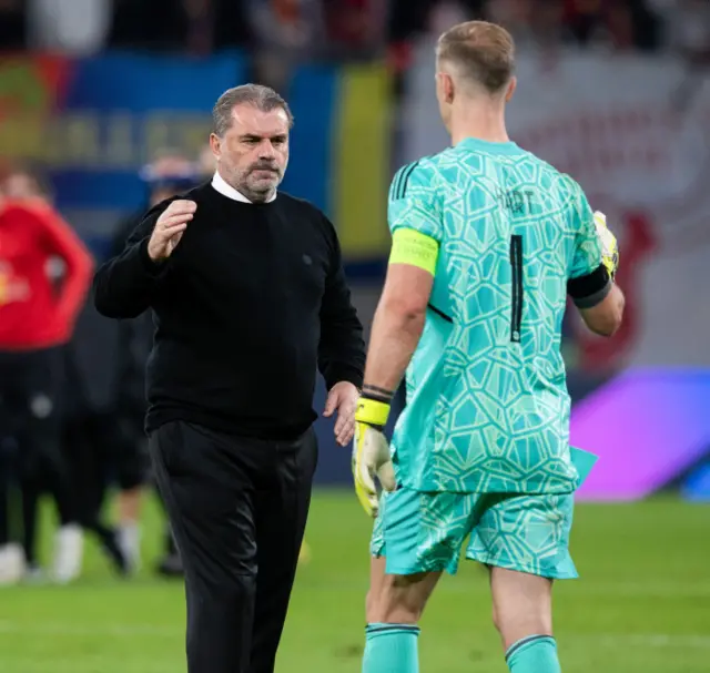 Celtic boss Ange Postecoglou with Joe Hart at full-time