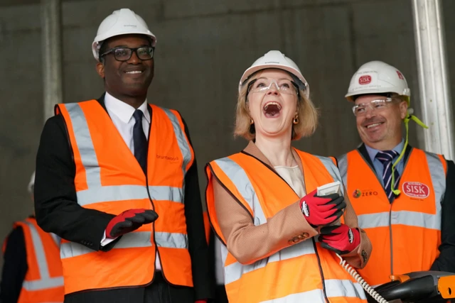 Liz Truss and Kwasi Kwarteng during a visit to a construction site for a medical innovation campus