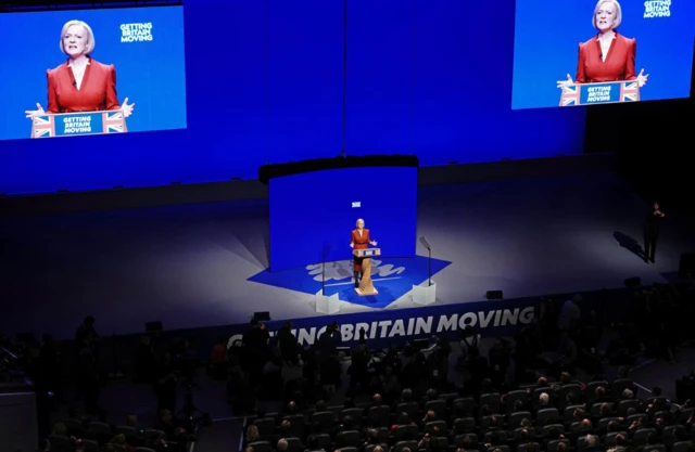 Liz Truss speaks to the Conservative Party conference in Birmingham