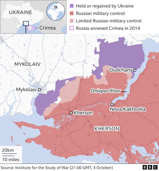 Map showing Russian control in south Ukraine - and areas of Ukrainian counter-attack