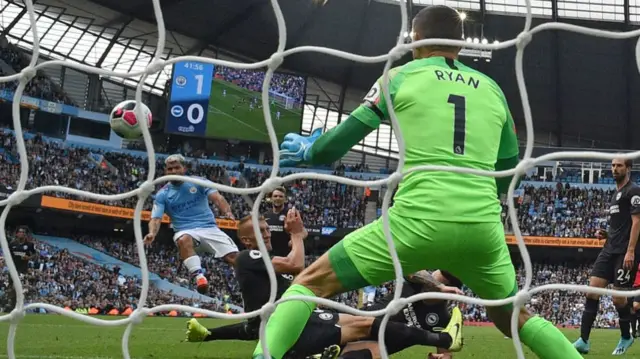 Mat Ryan playing for Brighton against Man City