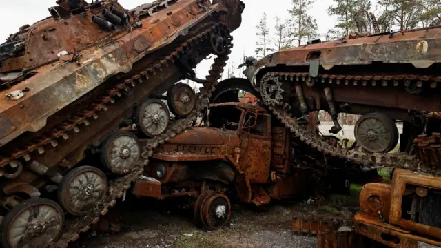 A view shows destroyed Russian tanks and armoured vehicles, amid Russia's invasion of Ukraine, in the recently liberated town of Lyman, Donetsk region, Ukraine, October 5, 2022.