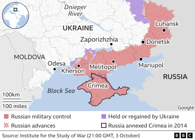 Map showing south and east of Ukraine