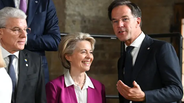 Chair of the Presidency of Bosnia and Herzegovina Sefik Dzaferovic, European Commission President Ursula von der Leyen and Dutch Prime Minister Mark Rutte