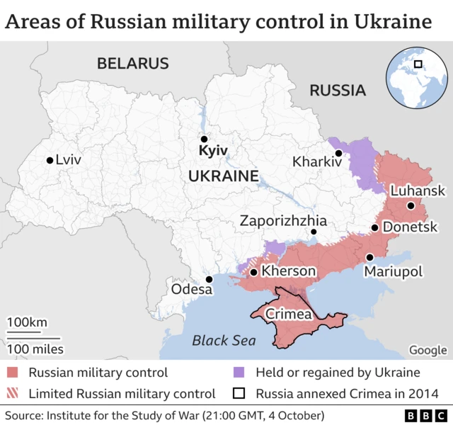 BBC map shows areas of Russian control in south and east Ukraine - and areas of Kyiv counter-attacks, particularly around Kharkiv and Kherson