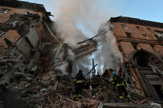 A residential building heavily damaged by air strikes in Zaporizhzhia, Ukraine