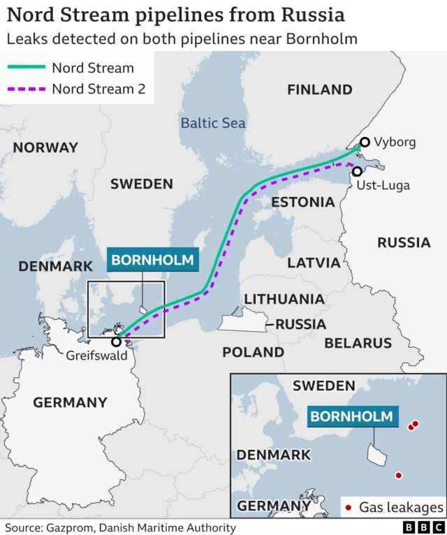 Map showing Nord Stream 1 and 2 routes and area in which leaks have been found