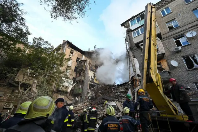 Rescuers at missile strike site in Zaporizhzhia