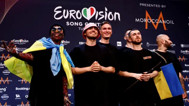 Kalush Orchestra from Ukraine pose for photographers after winning the 2022 Eurovision Song Contest, in Turin, Italy, May 15, 2022.