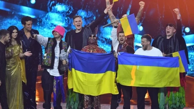 Ukraine’s Kalush Orchestra celebrating winning this year's Eurovision Song Contest