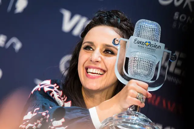 A picture of Jamala, winner of the the 2016 Eurovision Song Contest at a press conference in Stockholm