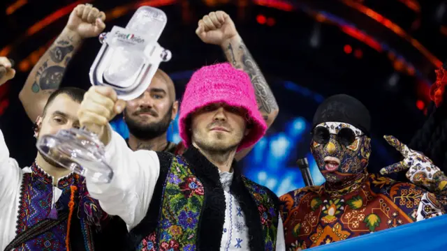 Kalush Orchestra from Ukraine pose after winning the 2022 Eurovision Song Contest in Turin, Italy