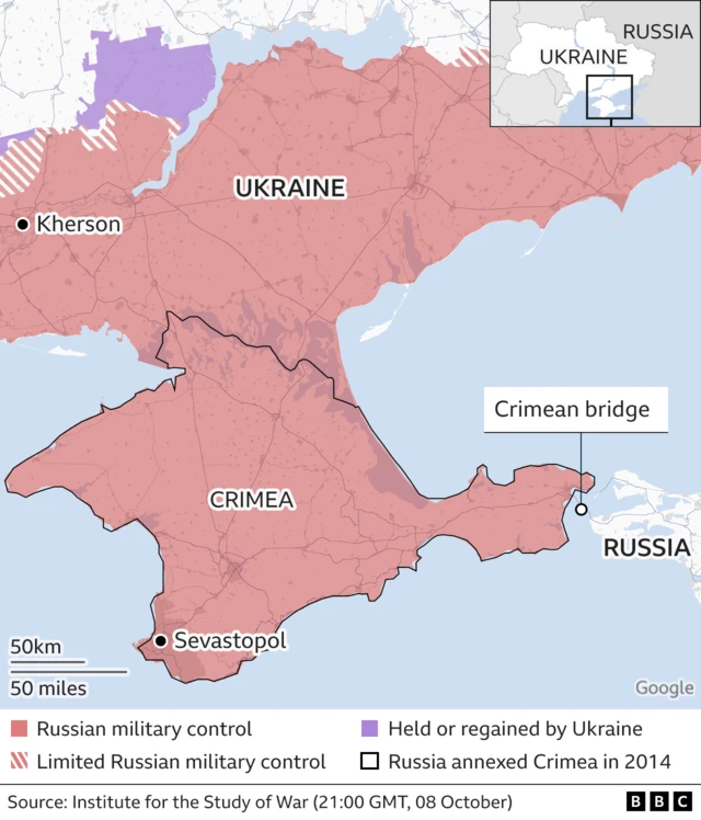 Map showing the bridge damaged in this morning's explosion linking Crimea to Russia