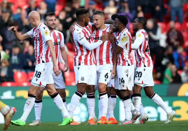 Stoke celebrate Phil Jagielka's goal