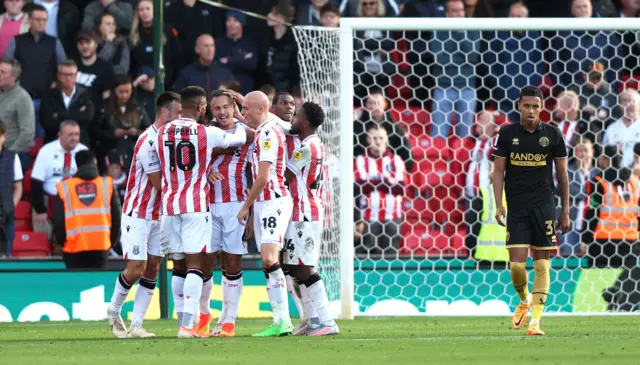 Stoke celebrate Phil Jagielka's goal