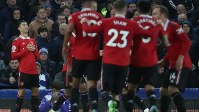 Manchester United celebrating Ronaldo's goal.