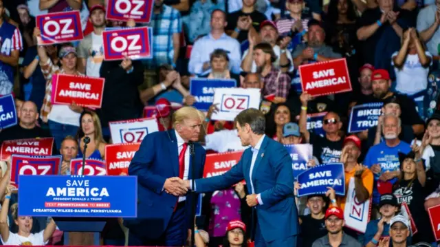 Pennsylvania Republican candidate Dr. Mehmet Oz and Former US President Donald Trump during a rally at the Mohegan Sun Arena at Casey Plaza in Wilkes-Barre, PA on Saturday September 3, 2022