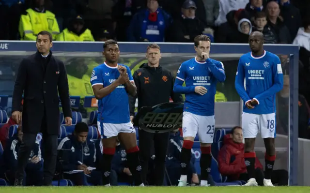 Giovanni van Bronckhorst, Alfredo Morelos, Scott Wright and Glen Kamara