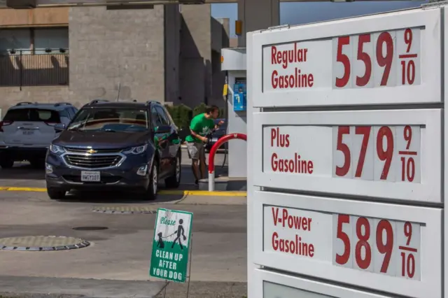 Sign at an American petrol station that says 'gasoline.'