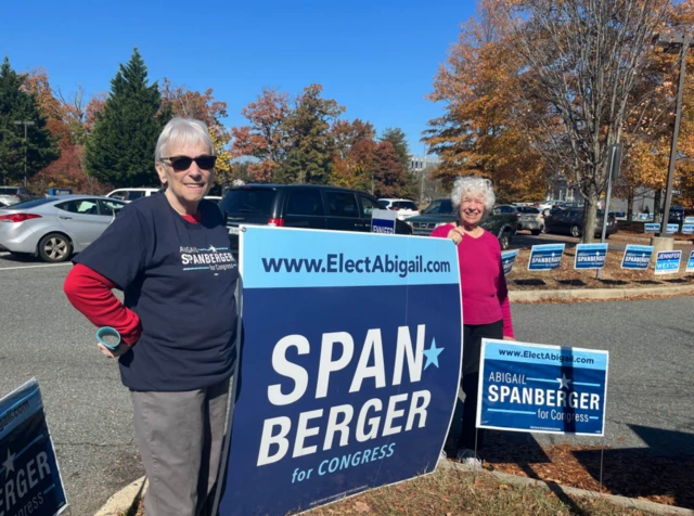 Spanberger volunteers Jane Touchet, right, and Bonny Fahd at an early voting site