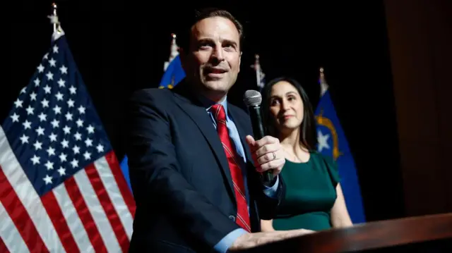 Nevada Republican Senate candidate Adam Laxalt (L), joined by wife, Jaime Laxalt (R), speaks at a Stronger Nevada PAC's General Election Results watch party in Las Vegas, Nevada, USA, 08 November 2022