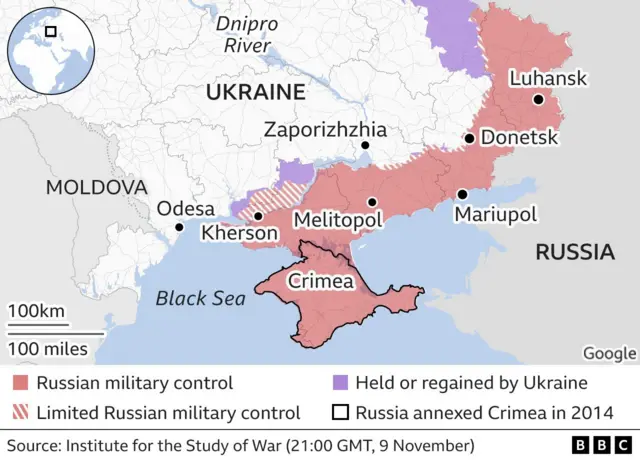 Map showing areas under Russian military control in Ukraine