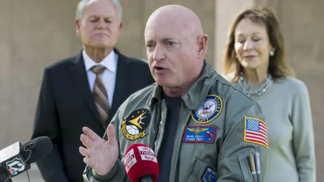 Democratic Senator Mark Kelly, speaks after receiving an endorsement from a prominent group of Arizona Republican leaders, in front of the Arizona State Capital, in Phoenix, Arizona, 07 November 2022