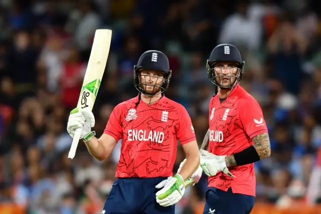 Jos Buttler celebrating his fifty with Alex Hales