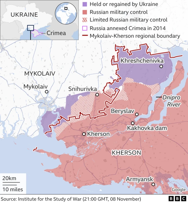 MAP showing areas held by Ukrainian and Russian forces on 8 November