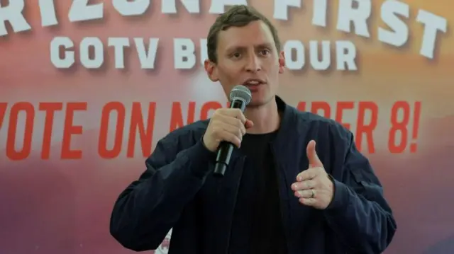 Republican candidate for the U.S. Senate Blake Masters speaks during a campaign stop on the Arizona First GOTV Bus Tour, ahead of the midterm elections, in Phoenix, Arizona, U.S., November 7, 2022