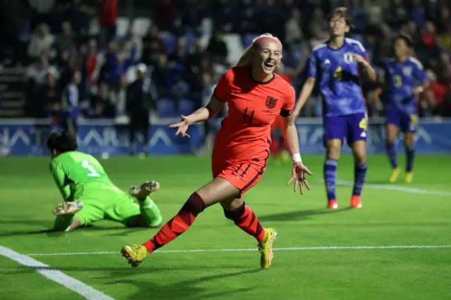 England's Chloe Kelly celebrates scoring the second goal in friendly v Japan in Murcia