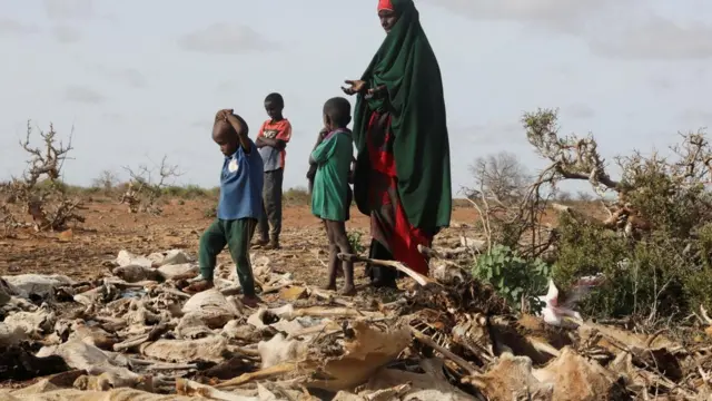 Internally displaced Somali woman Habiba Bile and her children stand near the carcasses of their dead livestock following severe droughts near Dollow, Somalia