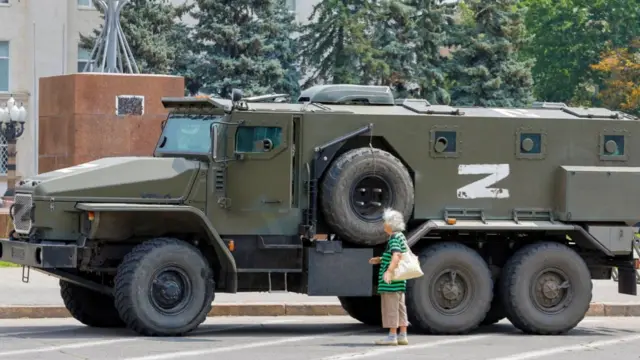 An armoured truck of pro-Russian troops pictured in Kherson in July 2022